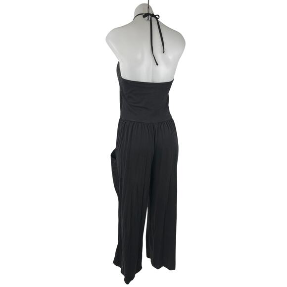 Oak + Fort Women's Black Sleeveless Halter Wide Leg Pockets Romper Jumpsuit Sz L - Picture 3 of 5